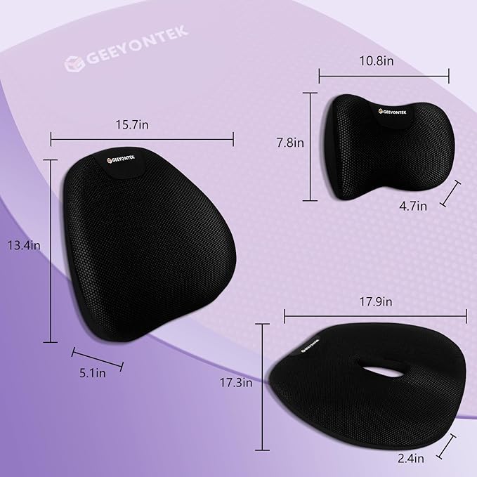 Car Seat Cushion and Lumbar Support Headrest Pillow Mesh Cover Memory Foam Ergonomic Car Cushion Back Neck Support Pillow Sciatica & Back & Tailbone Pain Relief Pillow Black