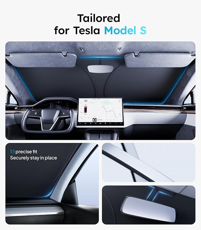 2026 Upgraded Accessories Tesla Model S Windshield Sunshade [Ice Shield Tech Fabric, 100% Sun Blockage], Foldable Heat Insulation Sunshade with Storage Bag, for Tesla Model S 2016~2026, Silver Coating