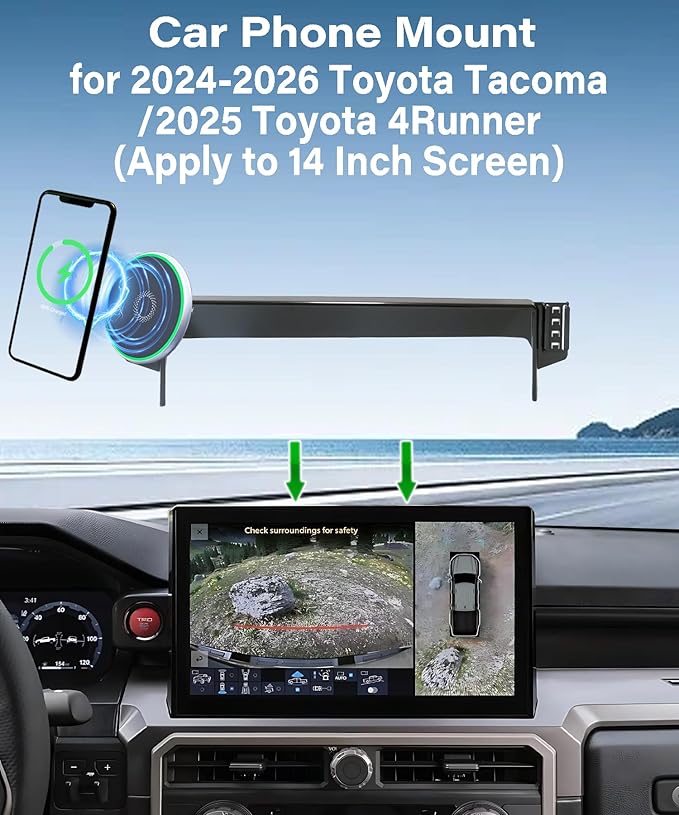 Car Phone Holder for 2024 2025 2026 Toyota Tacoma/2025 Toyota 4Runner Accessories 15W MagSafe Fast Wireless Charger Cell Phone Mount Apply to 14 Inch Touch Screen Fixed Clip 360° Rotation