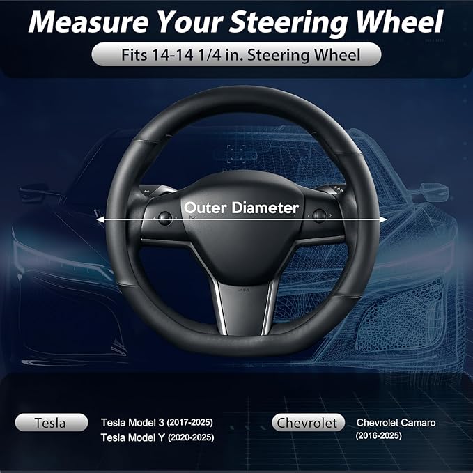 SEG Direct Flat Bottom Steering Wheel Cover, D Shaped Car Wheel Cover 14-14 1/4 in. (35.5-36 cm), for Tesla Model 3 / Y, for Camaro, Black White Embossed Microfiber Leather