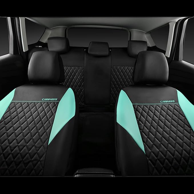 CAR PASS Mint Leather Seat Covers Full Set-Universal Quilting Cute Girly Car Seat Cover with 5mm Composite Sponge Inside,Airbag Compatible,2zipper Bench for Most Sedan,SUV,Truck(Full Set,Mint)