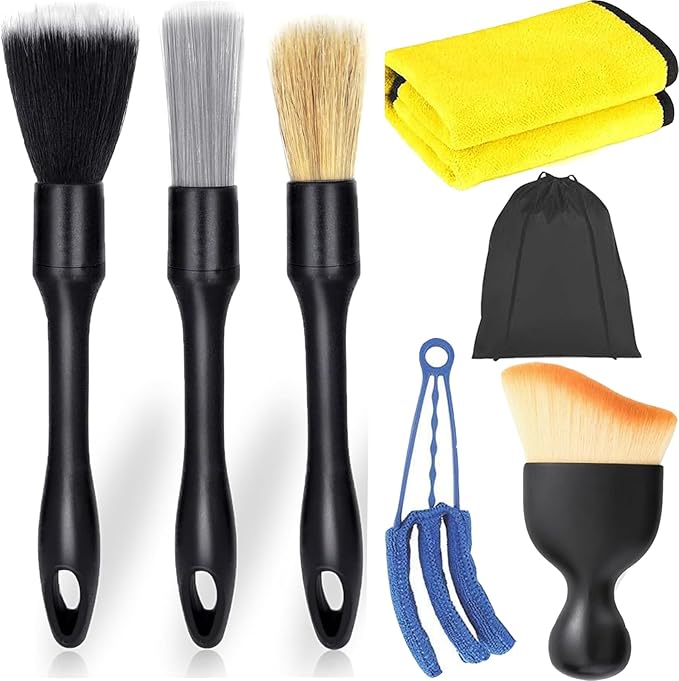 7 PCS detailing brush set for Cleaning Interior or Exterior, Durable Boars Bristle Detailing Brushes, detailing brush set,car detailing brushes for Emblem, Air Vents, Wheels, Leather Upholstery Seat