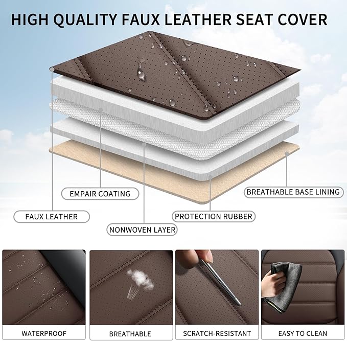 Brown Car Seat Covers Full Set, Universal Faux Leather Seat Covers for Cars 5 Seats, Waterproof Leather Car Seat Covers, Comfortable Automotive Seat Covers for Most Sedans Trucks SUVs