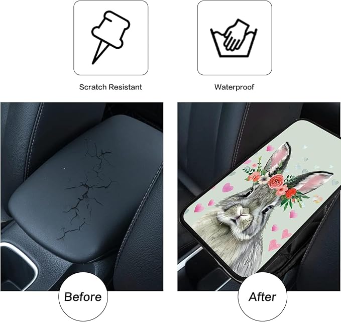 Car Armrest Cover Pads Universal Fashion Cute Auto Center Console Armrest Cover Pad with 2PCS Car Coasters Soft Waterproof Car Armrest Seat Protector for Women, Cute Gray Rabbit