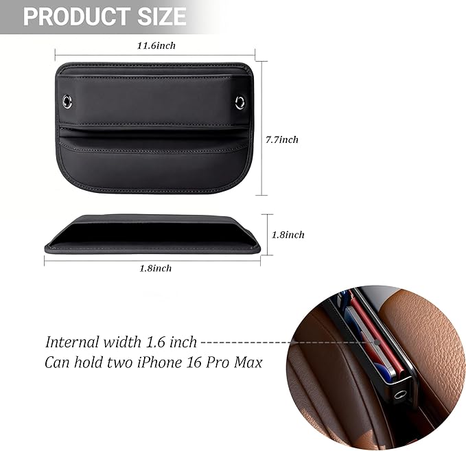 Car Seat Gap Filler Organizer, Multifunctional Auto Console Side Storage Box with Cup Holders & Phone Holder, Premium PU Leather Car Front Seat Organizer for Drinks, Sunglasses, Keys, 2 Pack Black