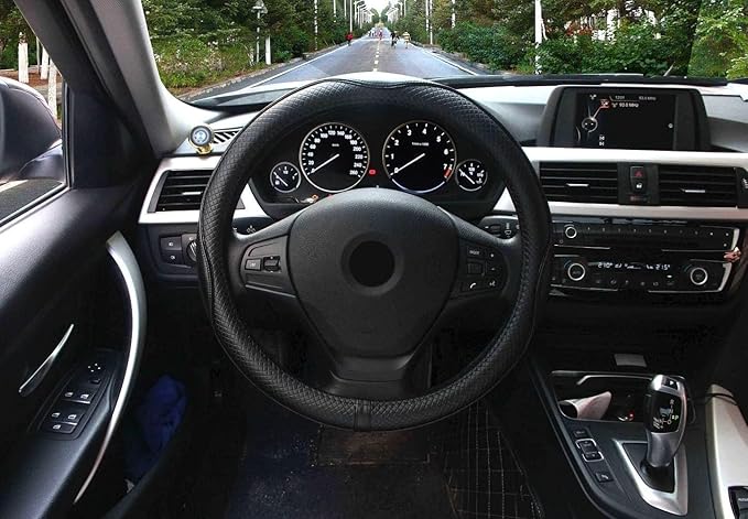 Valleycomfy Steering Wheel Covers Universal 15 inch - Genuine Leather, Breathable, Anti Slip & Odor Free (Black with Black Lines, M(14" 1/2-15" 1/4))