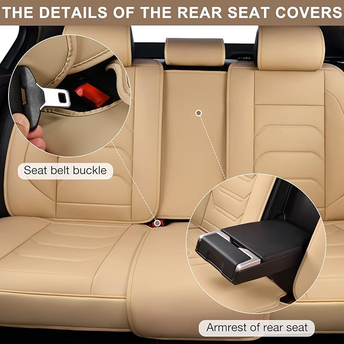 Beige Car Seat Covers Full Set, Breathable Leather Automotive Front and Rear Seat Covers & Headrest for Comfortable Driving, Compatible with Most Cars Sedans SUV Pickup Trucks