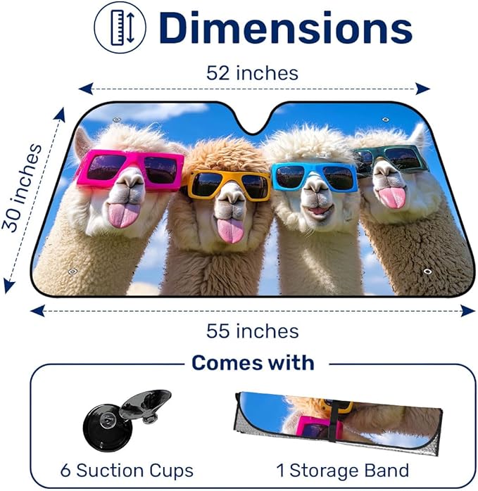 GENANY Funny Llama Windshield Sun Shade for Car SUV Truck (55x30 Inches), Sun Shade Windshield, Shades for Front Windows, Sunshade for Car Windshield, Protector Blocks UV, Chritsmas Car Decor