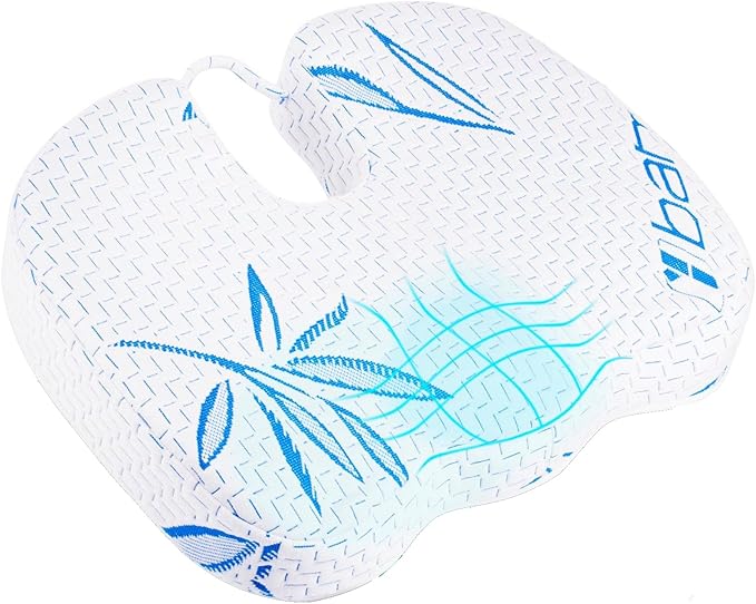 Bamboo Seat Cushion Pillow for Office Chair - Memory Foam Pad for Tailbone, Sciatica, Lower Back Pain Relief, Ergonomic and Non-Slip, Machine Washable Cover (Bamboo, Blue)
