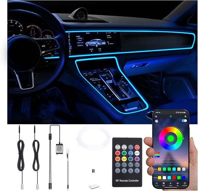 Car Ambient Lighting Optic Fiber 64 Colors Music Sound Active with RF Remote Controller + APP Control Car Decorative Atmosphere Lighting Kit DC 12V 1W 3m
