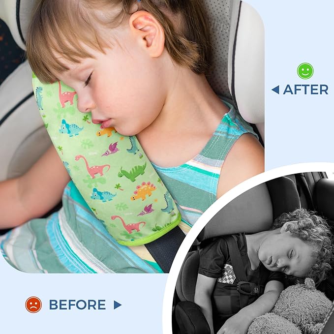 COOLBEBE Seat Belt Pillow for Kids, Extra Soft Toddler Travel Pillow for Car Seat, Universal Carseat Strap Cushion Pads for Childs Baby People Adults, Green Dinosaurs