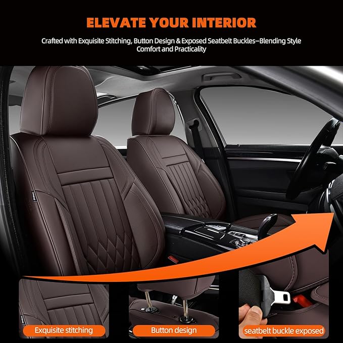 KEYOOG Premium Nappa Leather Car Seat Covers Full Set, Universal Fit for Most Sedans, SUVs - Waterproof & Breathable, Compatible with Honda Civic, Toyota Corolla, Jeep Cherokee/ 5-Seater, Luxury Brown
