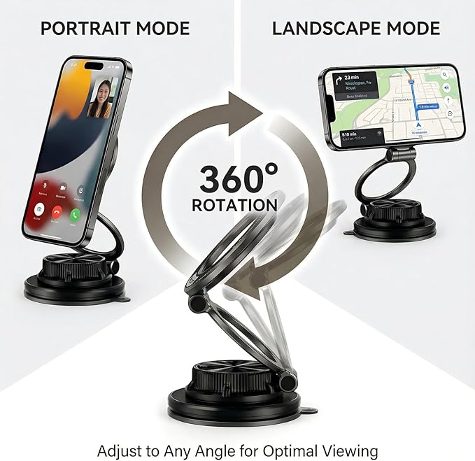 Magnetic Car Phone Mount, 0.83" Ultra-Slim Foldable Holder, [Vacuum Suction & Adhesive Pad] for Textured Dashboard/Windshield, 3-Joint Metal MagSafe Mount for iPhone 17 Pro Max/Pixel (Black)