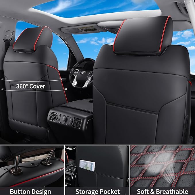 Huidasource Front Truck Seat Covers Fit for 2nd Gen Toyota Tacoma 2005-2015 Double&Crew Cab, Leather Car Seat Cushion Cover for Tacoma Base, PreRunner, SR5, Limited, TRD Sport(Front Pair/Black&Red)