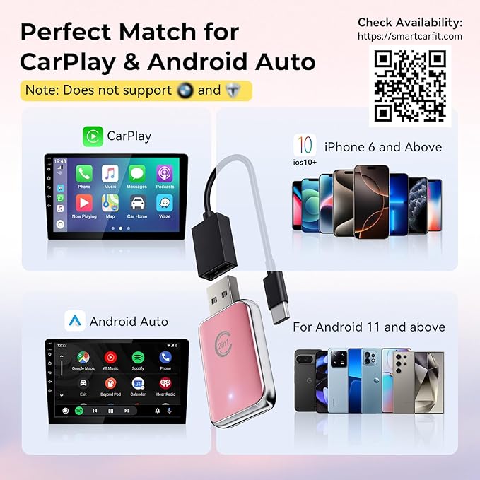 Wireless Carplay Adapter for iPhone, Convert Wired Car Play to Wireless, 2 in 1 Plug and Play Mini CarPlay and Android Auto Adapter for iOS 10 Android 11 and Above, Cars with Built-in Carplay (Pink)