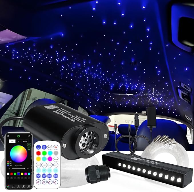 AZIMOM Mini 6W Twinkle 400pcs0.03in 9.8ft Fiber Optic Starlight Headliner+ 180pcs Fiber Pure White Meteor Shooting Star for Car Home, End Glow Fiber Strands Sound-Activated APP& Remote Control