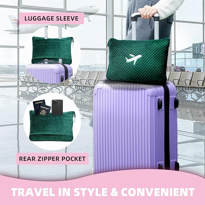 3 in 1 Travel Blanket Pillow Set - 350 GSM Thick Travel Blanket Airplane Compact with Bag, Soft Bag with a Pocket, Inflatable Travel Pillow for Camping & Car Trip (Dark Green)