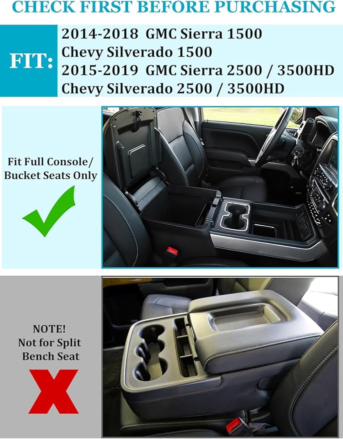 Sinvanho 2PCS Center Console Organizer Compatible with Chevy Silverado/GMC Sierra 2014-2018 1500/2500/3500HD Armrest Box Storage Tray, Truck Accessories, Full Console w/Bucket Seats Only