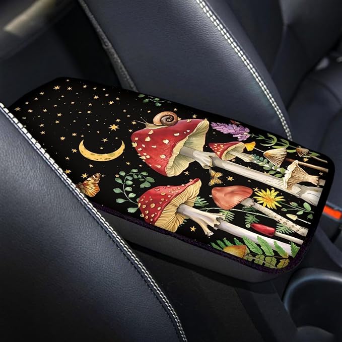 Moon Mushroom Auto Center Console Cover Non Slip Arm Rest Cover for Car SUV Van Vehicles, Auto Seat Box Pad Mushroom Car Accessories Automotive Decoration