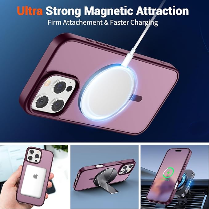 SUPFINE Magnetic for iPhone 16 Pro Max Case (Compatible with MagSafe) (Military Grade Drop Protection) Slim Translucent Matte Shockproof with Anti-Fingerprint Phone Case, Wine Red