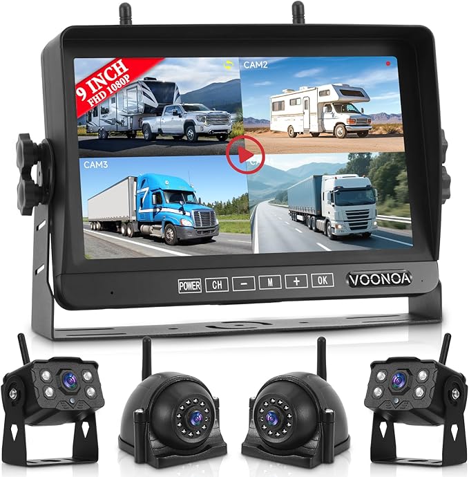 Wireless RV Backup Camera System, 9" 1080P DVR Monitor with 4 IP69 Waterproof Night Vision Side Rear View Back Up Cameras for Trailer Truck Camper Compatible with Furrion Mount