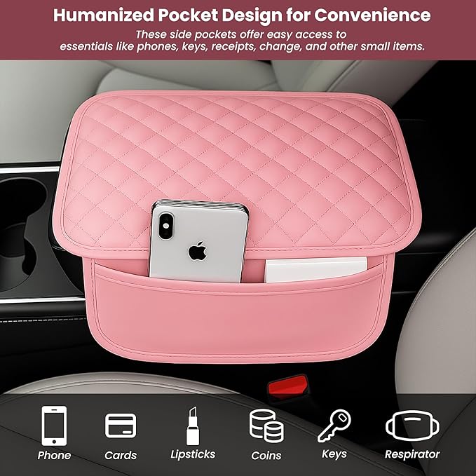 Upgraded Car Center Console Cover with 2 Storage,Arm Rest Covers Armrest Cover for Car, Microfiber Leather Car Armrest Cover Cushion, Universal Car Interior Accessories for Vehicles（Pink longer）