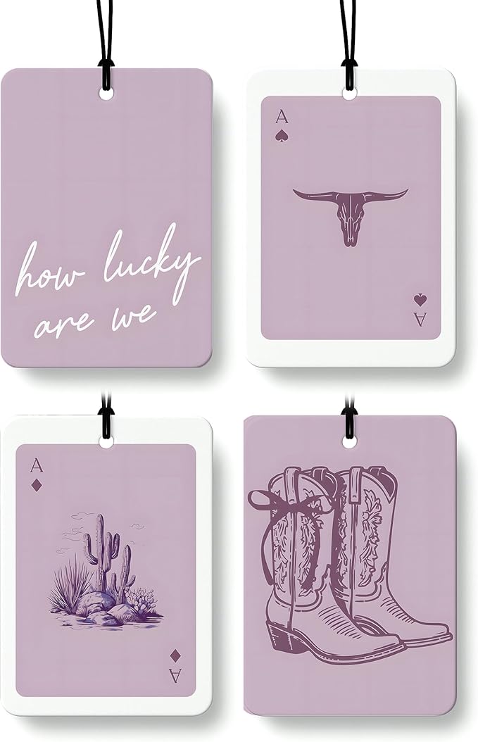 Boho Purple Western Car Air Freshener 4 Pcs, Preppy Cowgirl Cow Skull Cactus Ace Card Hanging Air Freshener for Cars Closet Drawer Books, Cute Western Car Accessories Mirror Decor for Women