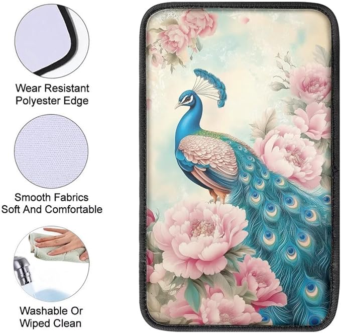 Suobstales Peacock Pink Flower Print Car Armrest Pad Soft Center Console Arm Rest Protector Cover Universal Car Interior Accessories Decoration