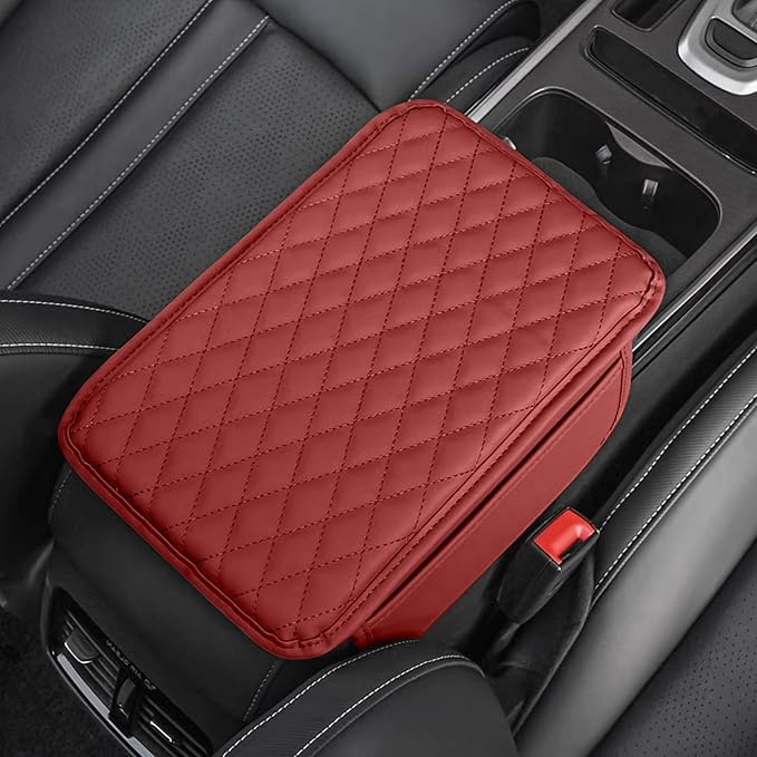 Car Center Console Cover, Universal Center Console Protector Pad with Soft Microfiber Leather & 2 Storage Pockets, Non-Slip Cushion for Car SUV Truck Interior Accessories (Red)