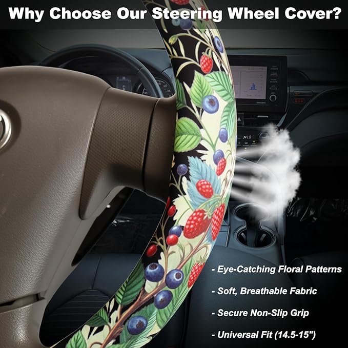 Botanical Berry Vine Steering Wheel Cover, Universal Fit,14.5-15 Inch (Botanical Berry Vine)