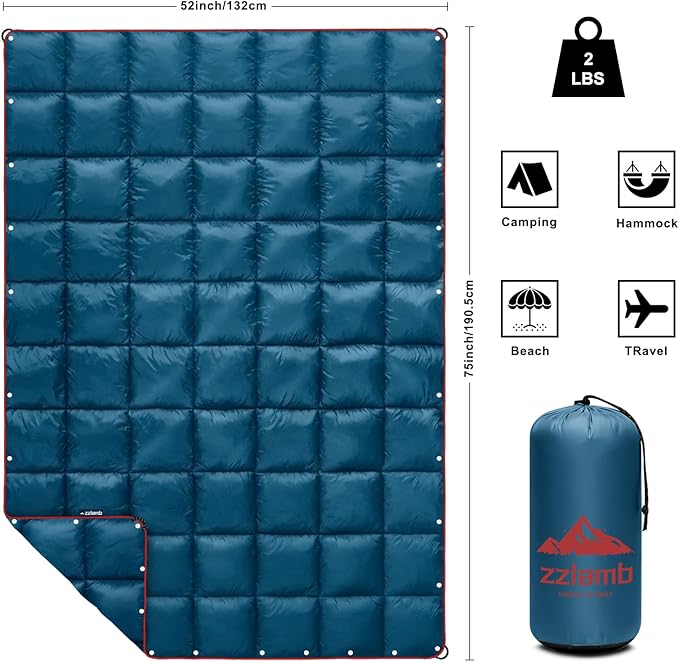 zzlamb Camping Blanket for Cold Weather,Outdoor Puffy Blanket Portable Down Alternative,Windproof Warm Cloak with Snaps,Cozy Quilt Backpacking Picnic RV Travel Plane Car Hammock Beach Climbing