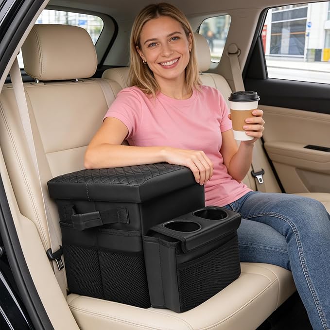 Foldable Bench Seat Center Console, Car Armrest Organizer Box with 2 Large Cup Holders & Massive Storage, Universal Portable Trunk Console Arm Rest for Car/Truck/Van/SUV Rear Organizers Back Seat
