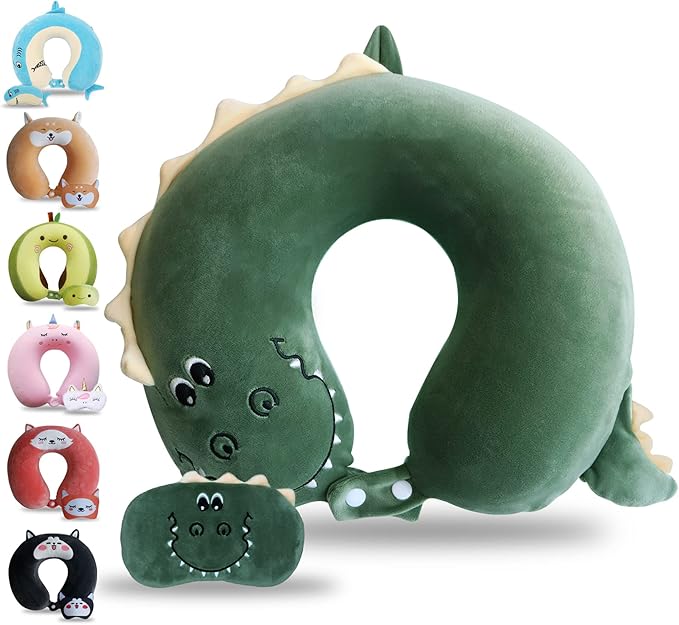 Sexysamba Cartoon Headrest & Neck Pillow for Kids Boys & Girls, Teens, Travel Accessories for Airplane, Car, Recline, Memory Foam Cute Travel Pillow with Sleep Eye Mask - Dinosaur
