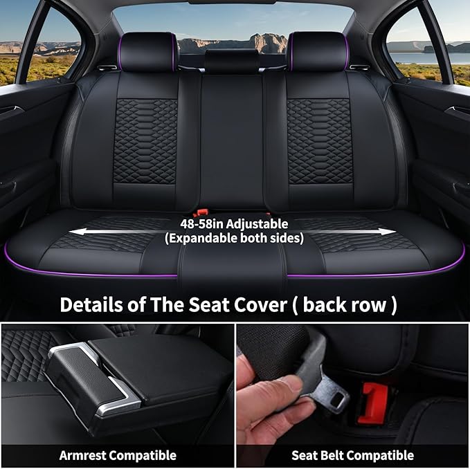 Coverado Leather Seat Covers, Car Seat Covers Full Set, Nappa Leather Seat Covers for Cars, Car Seat Protectors Waterproof, 5 Seats Black&Purple Automotive Seat Covers Fit for Most Cars Trucks