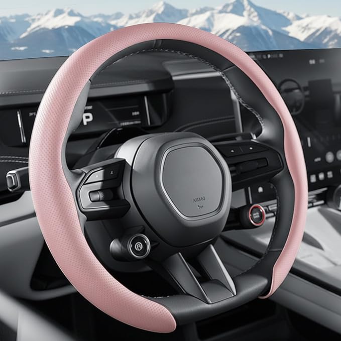 Nappa Leather Steering Wheel Cover, Universal 15 Inch Snap On Car Steering Wheel Cover for Men/Women, Comfortable & Breathable Microfiber Car Accessories Interior (Pink)