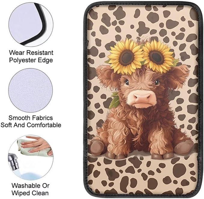 Dreaweet Car Center Console Cover Cute Highland Cow Car Accessories Arm Rest Cover for Car Women Soft Comfortable Car Armrest Storage Box Mat Easy to Install