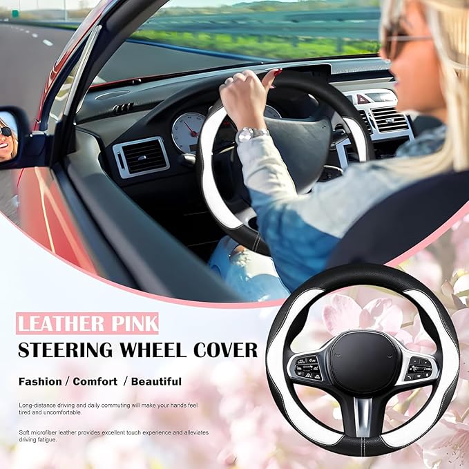 SuperKaKa Car Steering Wheel Cover 2024, Universal Auto PU Cute Breathable Slip-Proof Comfort Imitation Leather Protector Cars Interior Accessories for Women Men Fit Most Vehicle (White)
