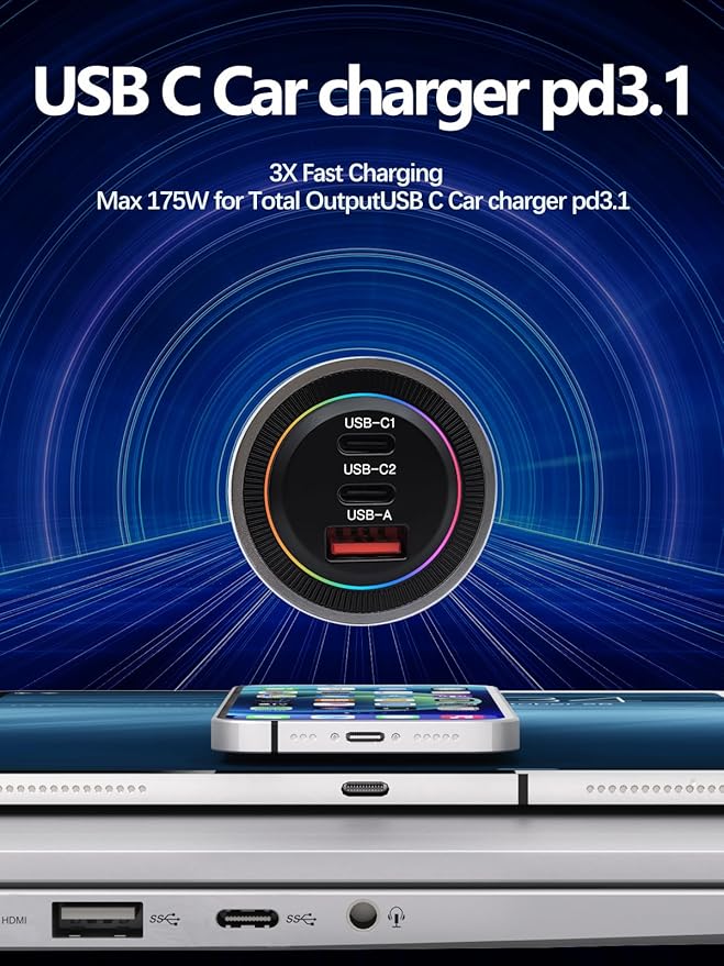 HKyoriyoi 175W USB C Super Fast Car Charger, PD3.1 140W PD3.0 100W Fast Charging Type C Car Phone Charger, 3-Port GaN Cigarette Lighter Adapter for Laptop, MacBook, iPad, iPhone 16 Pro, Samsung S25