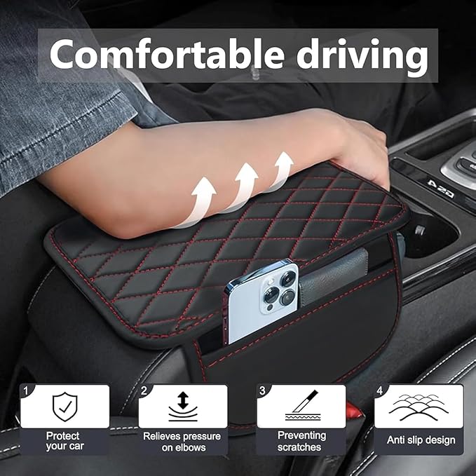 Car Armrest Cushion for Isuzu D-MAX MU-X 2015-2025, Center Console Covers Pad Leather Accessories, Arm Rest Protector Mat with Side Storage Bag for SUV/Sedan/Truck, B/Black-Red