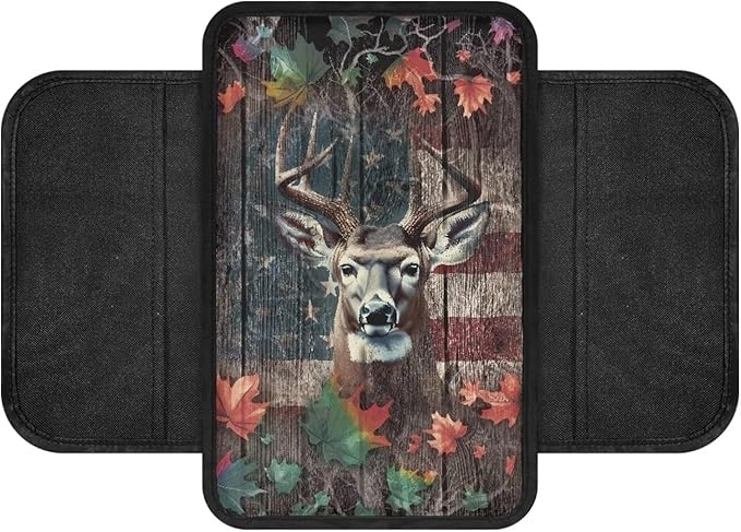 Deer Flag Leaf Print Car Center Console Cover Soft Armrest Seat Box Cover Protector Wear-Resistan Vehicle Armrest Cover Pad Car Armrest Cover Cushion with 2 Storage Bags