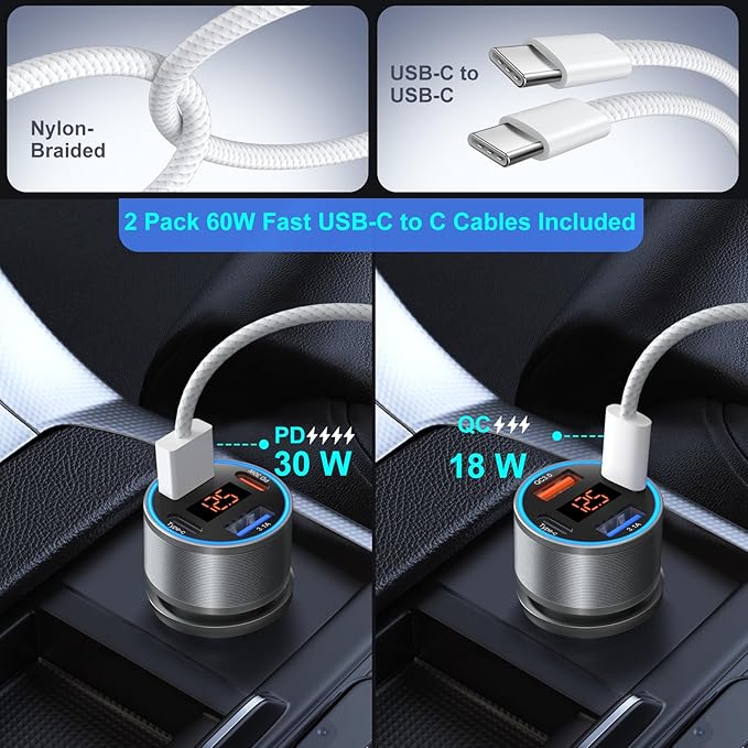 4-Port 65W Fast Car Charger USB C for iPhone 17/16/15/14 Pro Max, 2 Pack Dual 12V USB-A&C Car Charger with Voltage Meter Cigarette Lighter Adapter for Galaxy A17/A16/S25/S24+6FT Type-C Cable