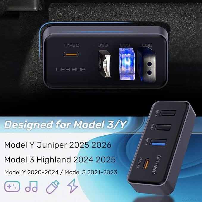 USB Hub for Tesla Model Y Juniper 2025 2026 Model 3 Highland 2024 2025, Glove Box USB 3.0 Expander with 1 USB C & 3 USB A Port Docking Station for Dashcam Flash Drive Data Transfer Game Music