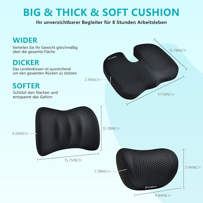 FLORICH 3 PCS Seat Cushion for Carseat Lumbar Support Pillow Car Neck Headrest Pillows Memory Foam Gel Memory Foam Massage Point Seat Pads Pressure Relief Back Cushion for Office Chair(Black)