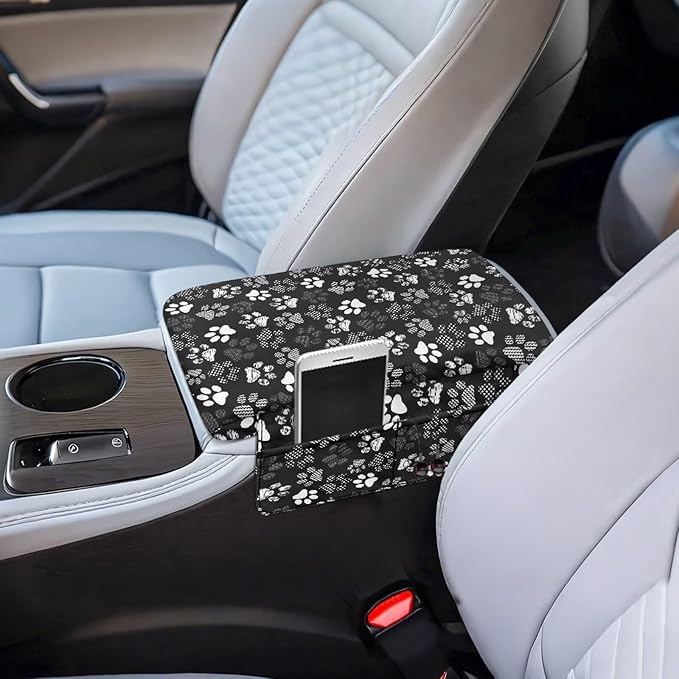 Dreaweet White Dog Paw Center Console Armrest Pad Cover Thick Car Armrest Cushion with Storage Bag Soft Comfortable Arm Rest for Car Center Console Universal Fit SUV Truck Sedan