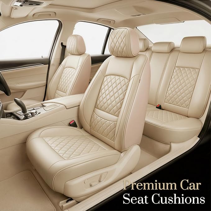 Santa Fe Seat Covers Custom Fit for Hyundai Santa Fe 2007-2026 (Only 5-Seat Version) - Full Set Premium Leather, Waterproof, All-Weather, Airbag Compatible, Only 2 Front seat Covers (Beige)