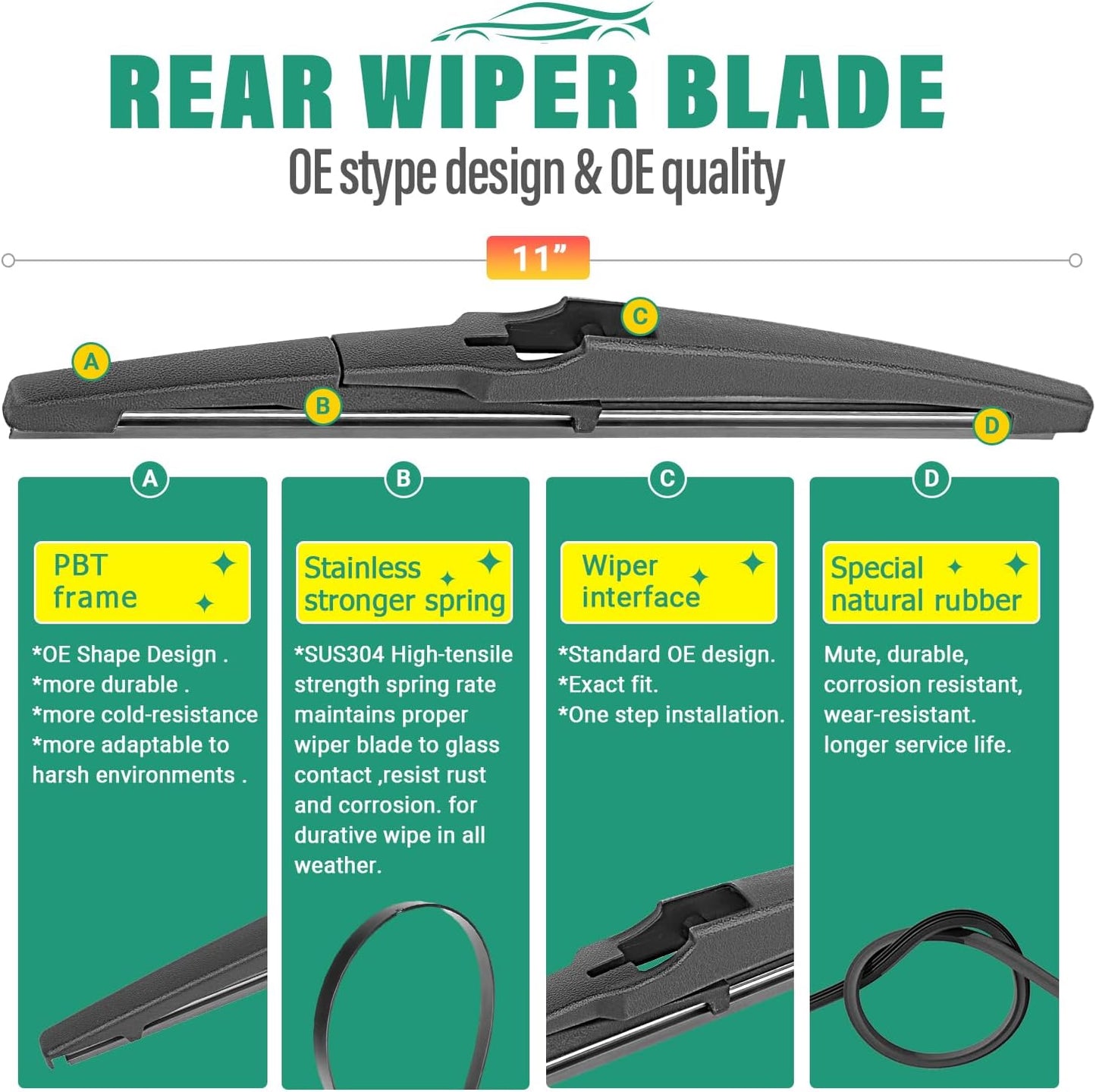 26" 16" 11" Windshield Wiper Blades Replacement for Hyundai Tucson 2022 2023 2024 Premium All Weather Front Rear Wipers Set - OEM Quality (Pack of 3)