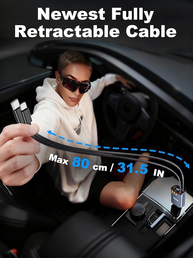 Bluetooth Car Adapter with Retractable Charger,[Upgrade] Bluetooth 5.4 FM Transmitter for Cars, 4 in 1 Fast Car Charger 69W, Handsfree Call, 2*Retractable Cable for iPhone 17/16/15/14, Galaxy-Gray