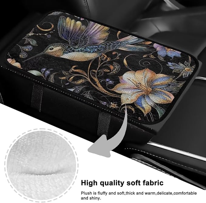 Hummingbird Floral Armrest Cover Car Warm Non-Slip Middle Console Covers Comfortable Elastic Middle Console Lid Cover Pad Protector Elbow Compatible with Cars,SUV,Trucks