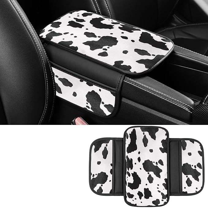 Dotesy Cow Pattern Car Center Console Cover,Microfiber Leather Car Armrest Cover Cushion with 2 Storage Bags,Universal Car Armrest Storage Box Car Interior Accessories for Most Vehicles (Black White)