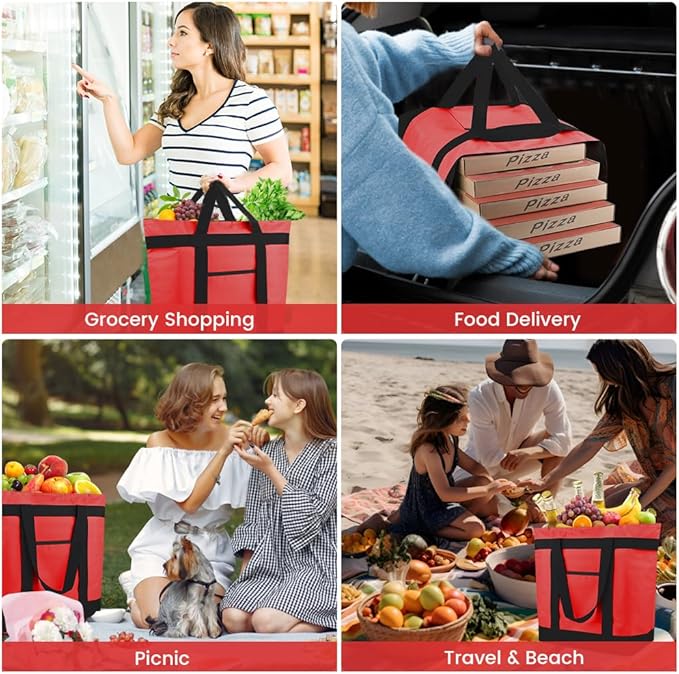 mosago Insulated Grocery Tote Bags, Large Reusable Cooler Bags with Zipper, Leakproof Thermal Shopping Bags for Food Delivery, Beach, Travel, Uber Eats & Picnic, Collapsible Personalized, Red